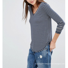 Fashion Custom Wholesale Supersoft Curve Hem Stripe Women Top